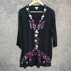 Kyla Seo Caite Top Womens Small Black Embroidered V Neck Tunic Sheer Long Sleeve